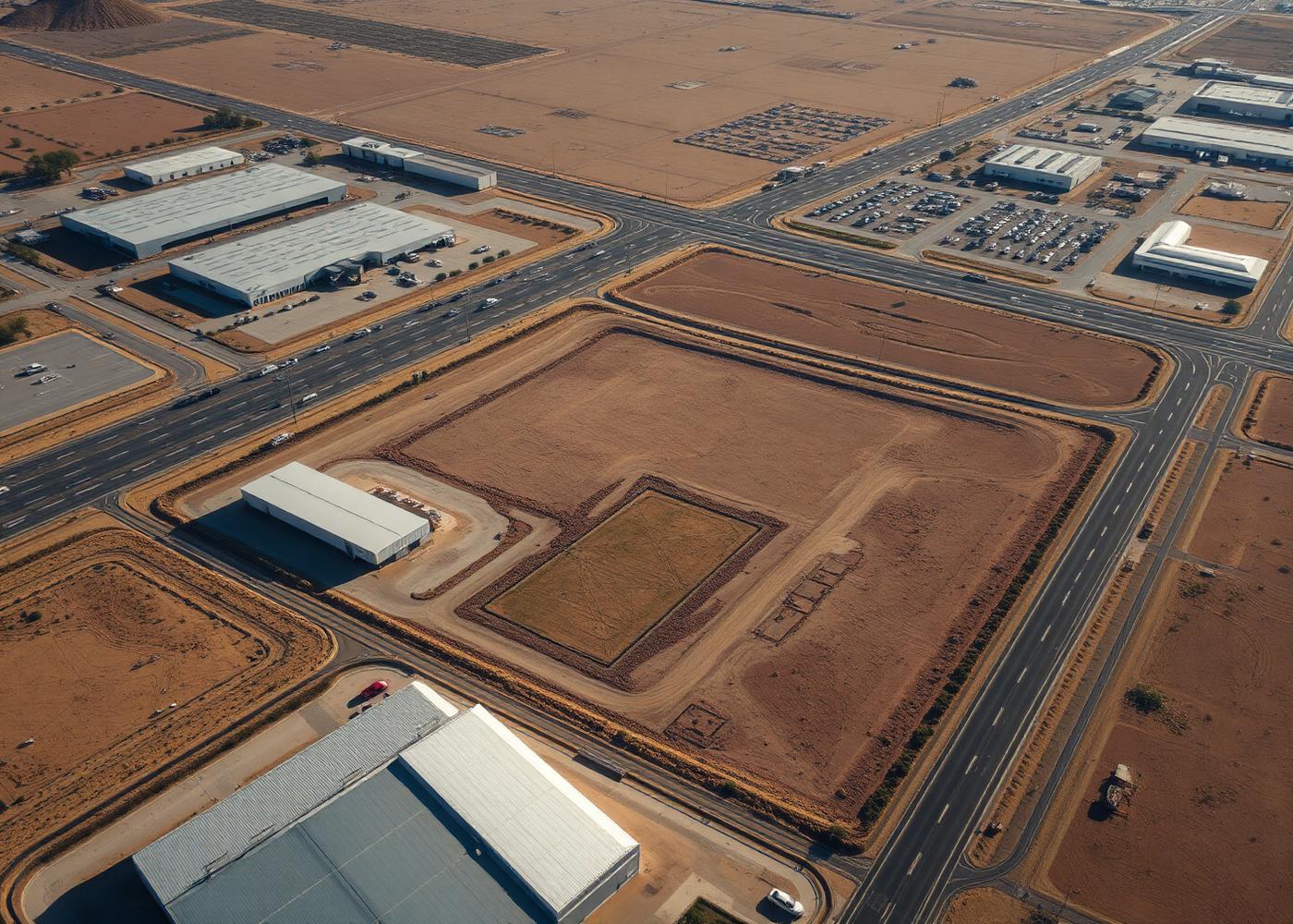 Vista aérea de terrenos industriales y corredor comercial en el Bajío